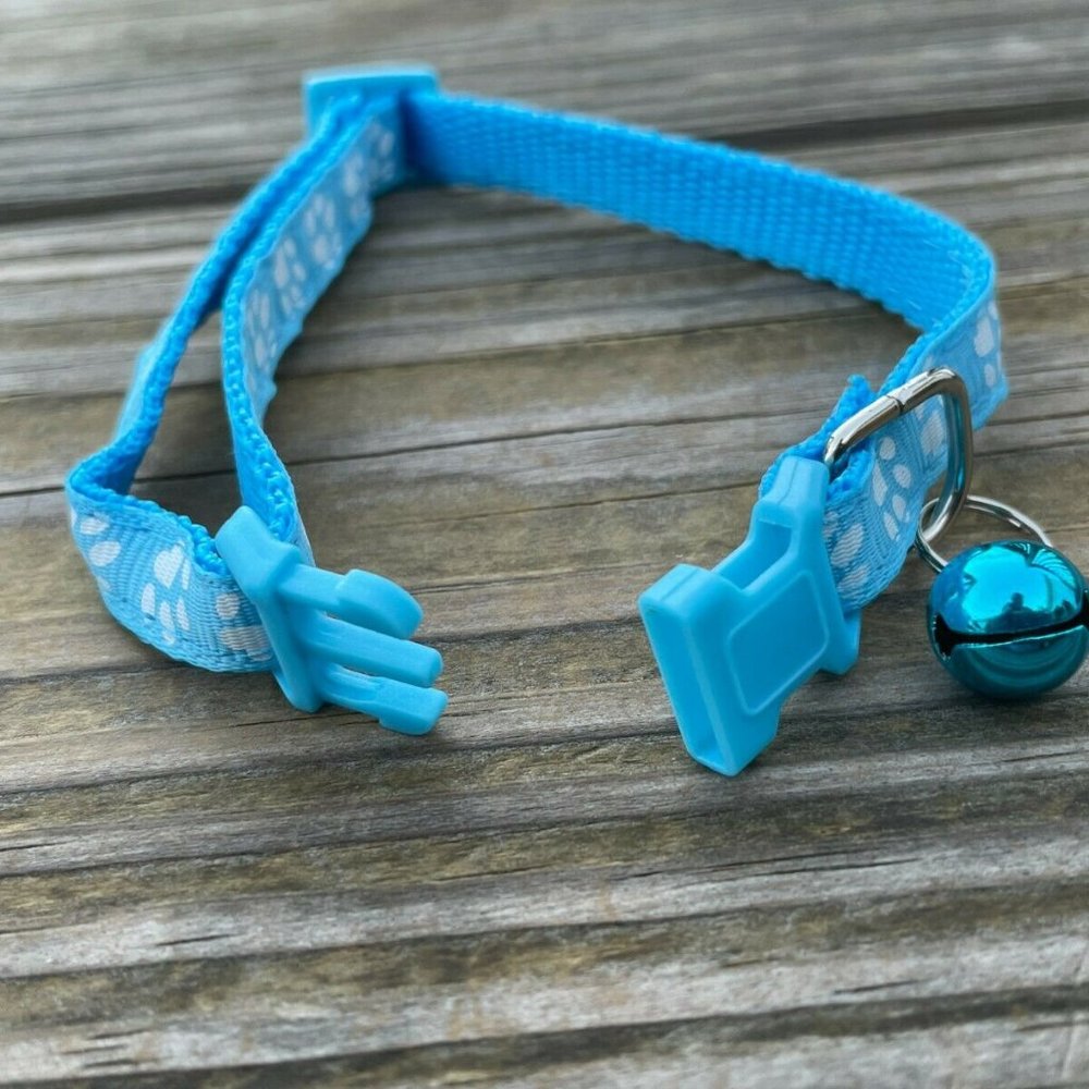 Cat Collar With Bell Adjustable Kitten Puppy Paw Print Blue Collars Adjustable - Picture 10 of 10